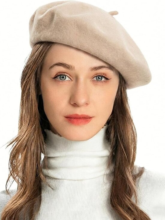 Women\'s Wool French Beret Hat Comfortable Solid Color Soft Beret Cap Beige